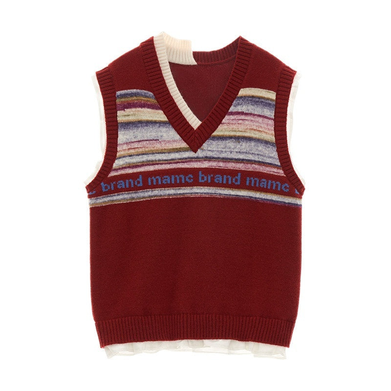 MAMC_Cute_College_Loose_V-neck_Pullover_Striped_Pink_Red_Acrylic_Blend_Vests_MISSTT