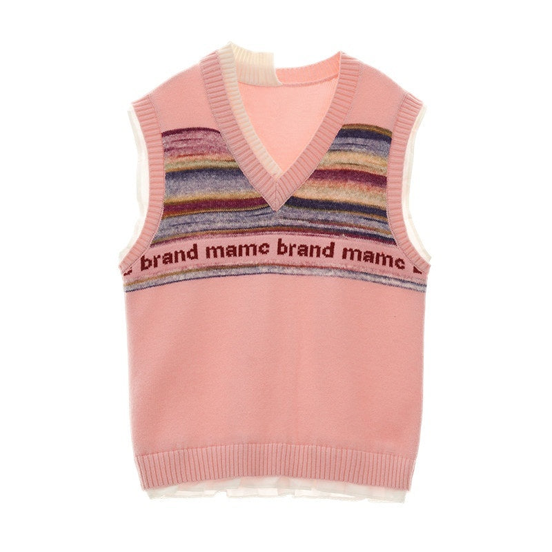 MAMC_Cute_College_Loose_V-neck_Pullover_Striped_Pink_Red_Acrylic_Blend_Vests_MISSTT