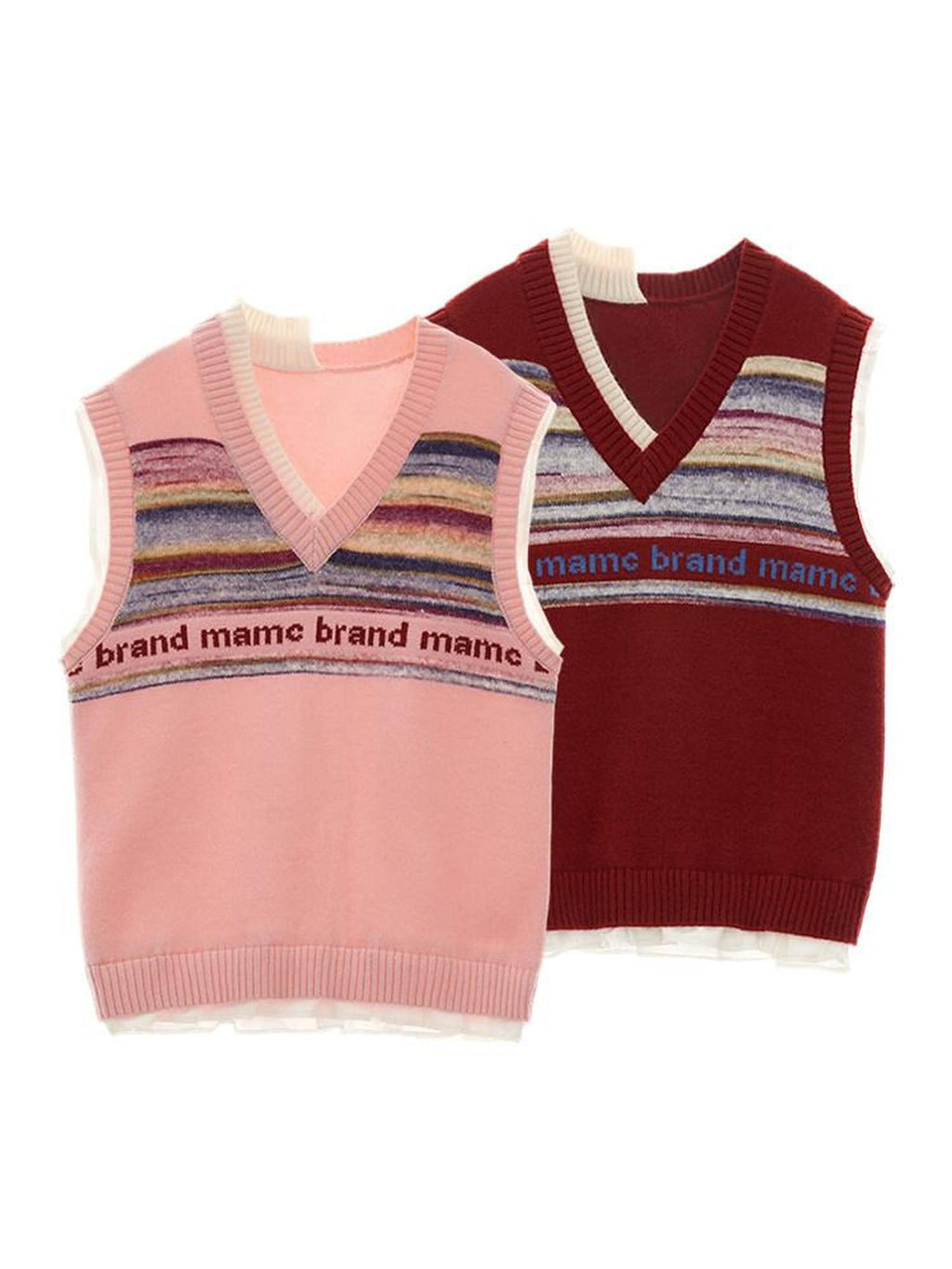 MAMC Cute College Loose V-neck Pullover Striped Pink Red Acrylic Blend Vests