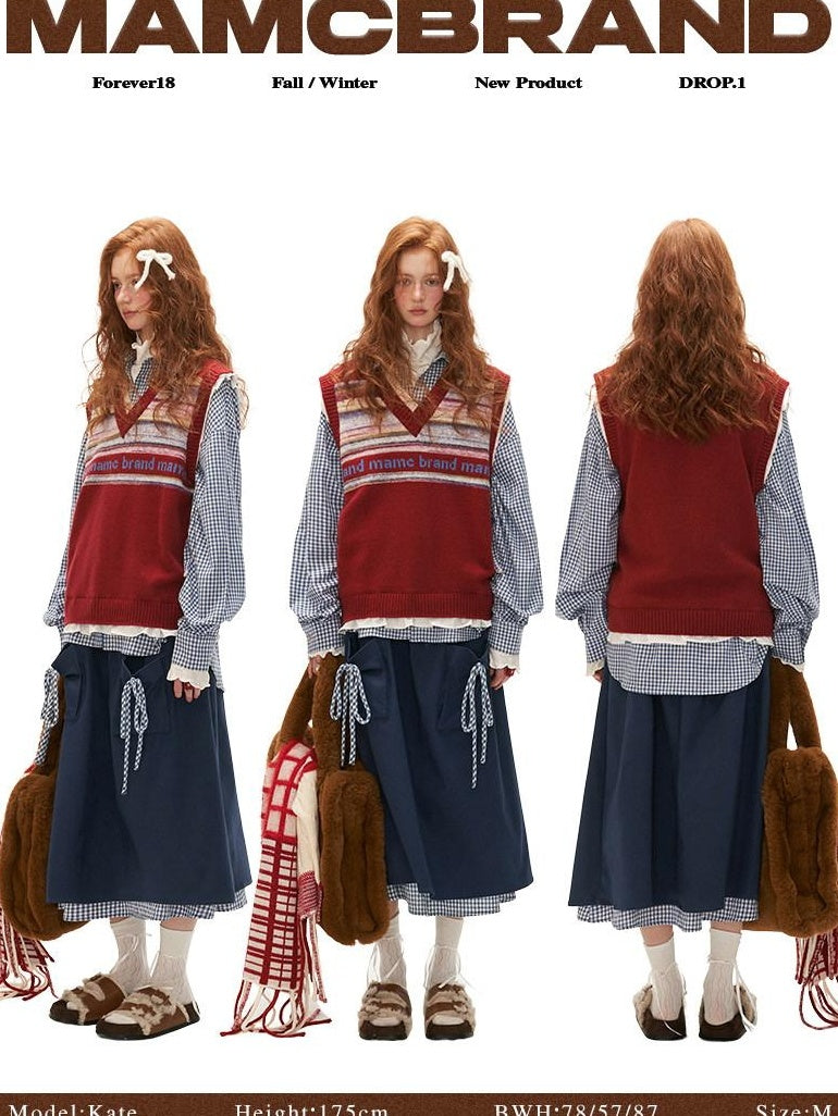 MAMC Cute College Loose V-neck Pullover Striped Pink Red Acrylic Blend Vests