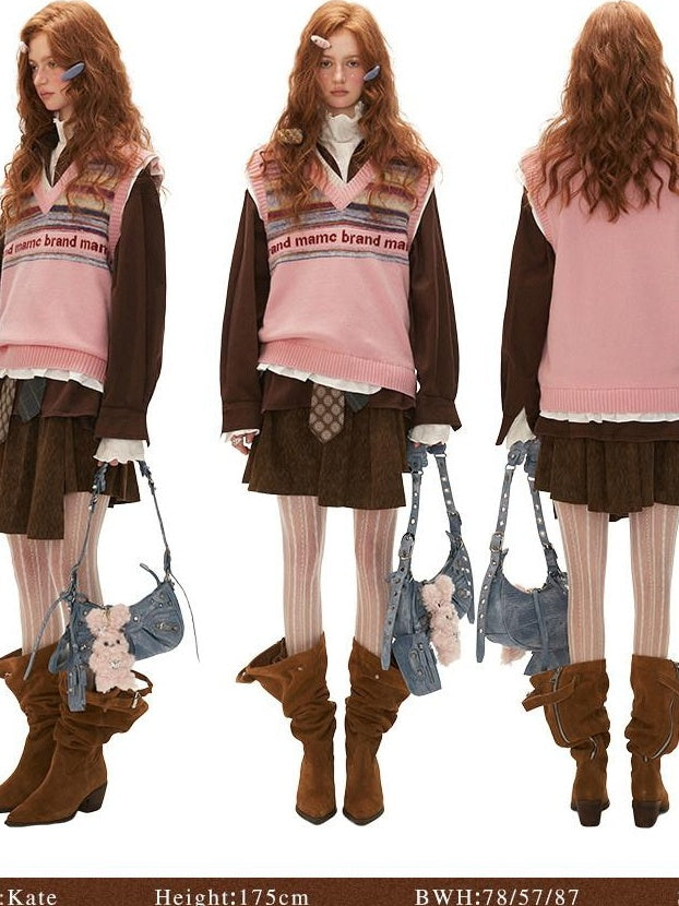 MAMC Cute College Loose V-neck Pullover Striped Pink Red Acrylic Blend Vests