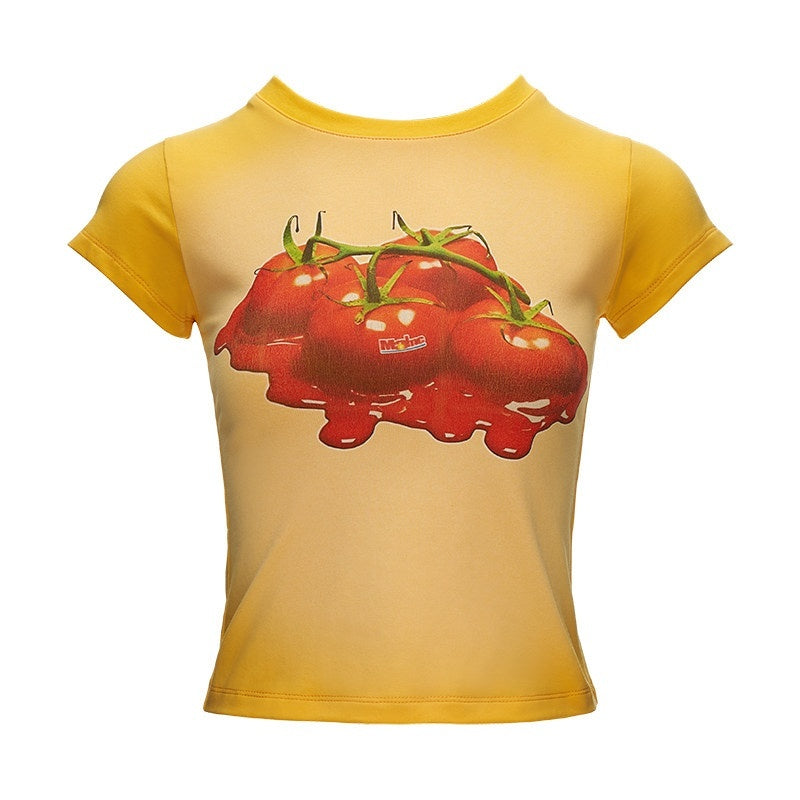 MAMC_Cute_Food_Print_Slim_Shortsleeve_Roundneck_Cotton_Stretch_Office_Basic_Crop_Tops_MISSTT