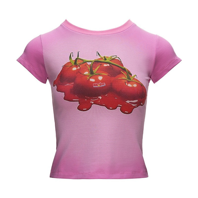 MAMC_Cute_Food_Print_Slim_Shortsleeve_Roundneck_Cotton_Stretch_Office_Basic_Crop_Tops_MISSTT