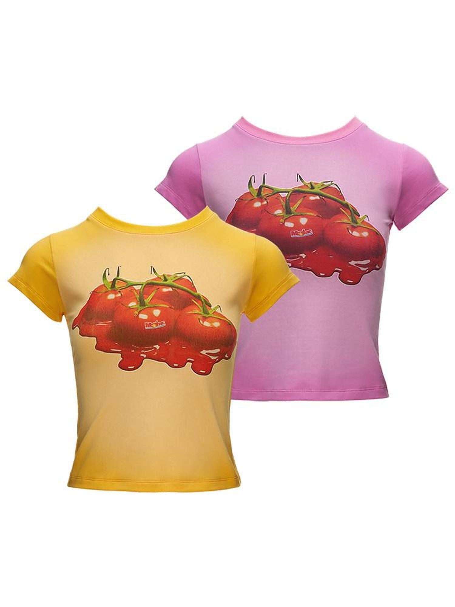 MAMC Cute Food Print Slim Shortsleeve Roundneck Cotton Stretch Office Basic Crop Tops