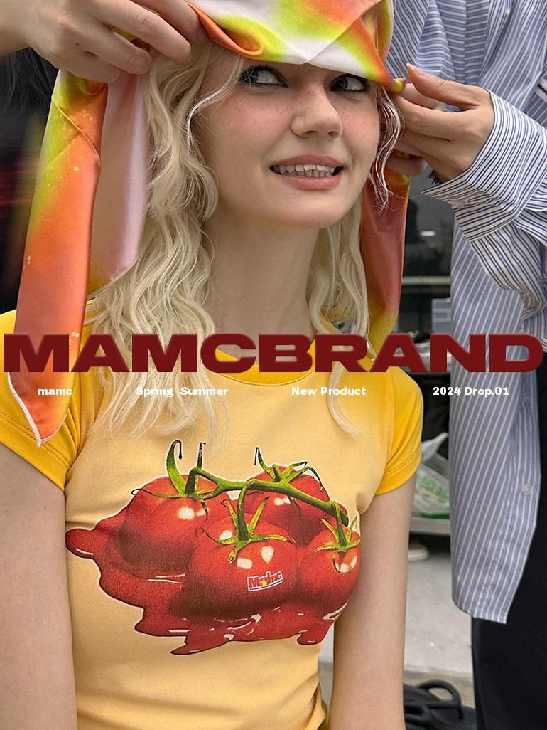 MAMC Cute Food Print Slim Shortsleeve Roundneck Cotton Stretch Office Basic Crop Tops