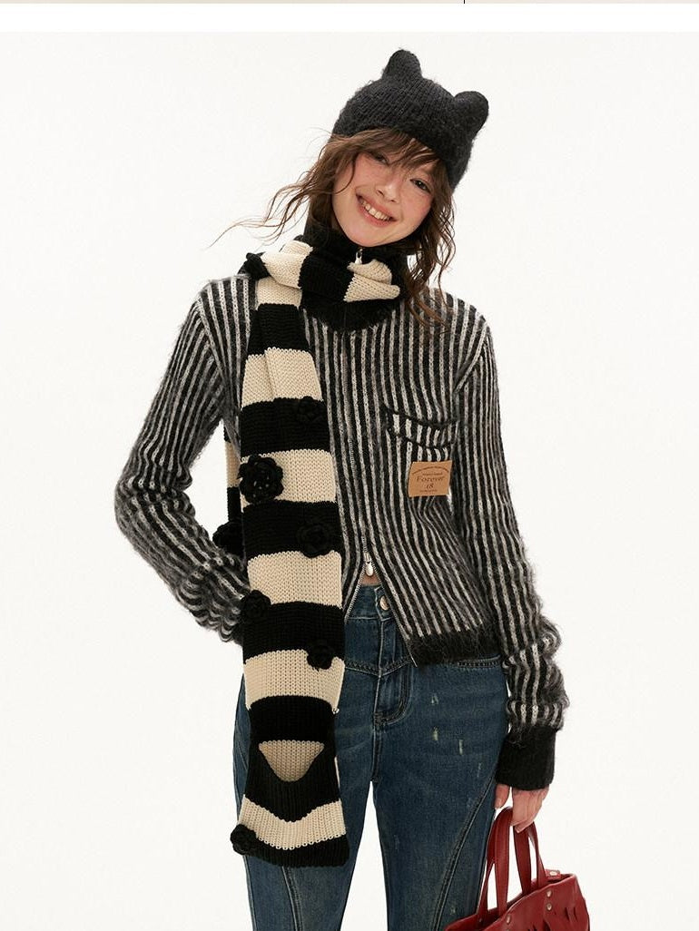 MAMC Cute Princess Hooded Double Zipper Striped Regular Women Acrylic Blend Cardigans