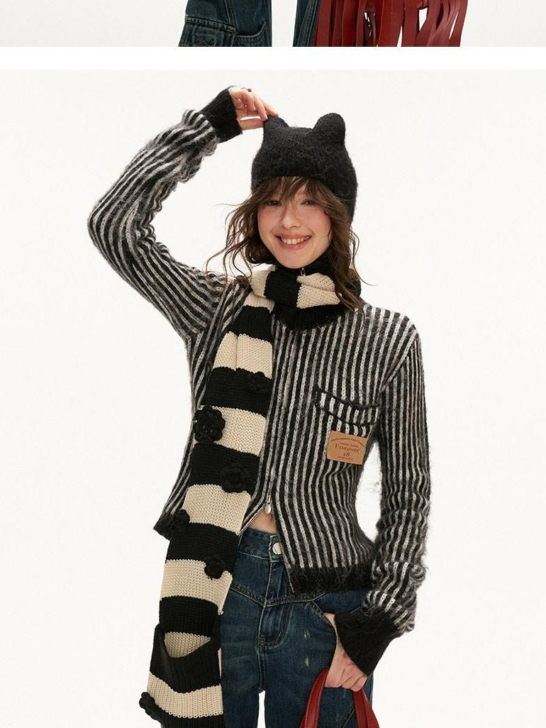 MAMC Cute Princess Hooded Double Zipper Striped Regular Women Acrylic Blend Cardigans