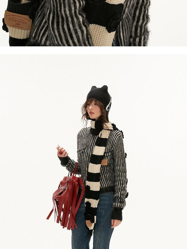 MAMC Cute Princess Hooded Double Zipper Striped Regular Women Acrylic Blend Cardigans