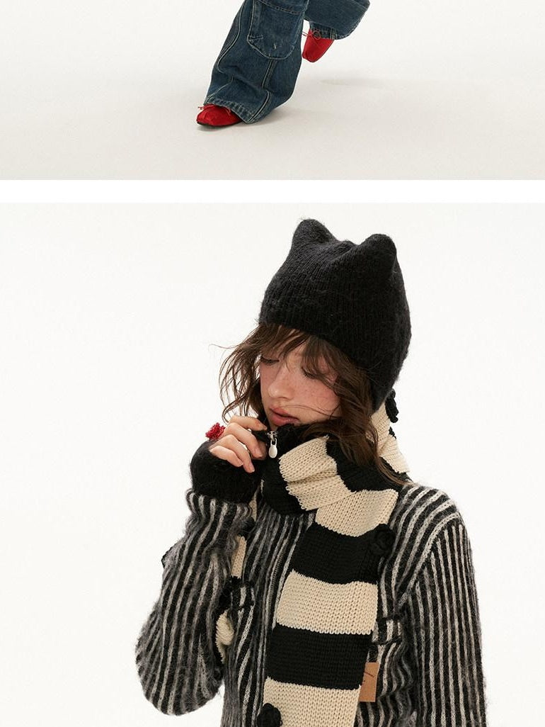 MAMC Cute Princess Hooded Double Zipper Striped Regular Women Acrylic Blend Cardigans