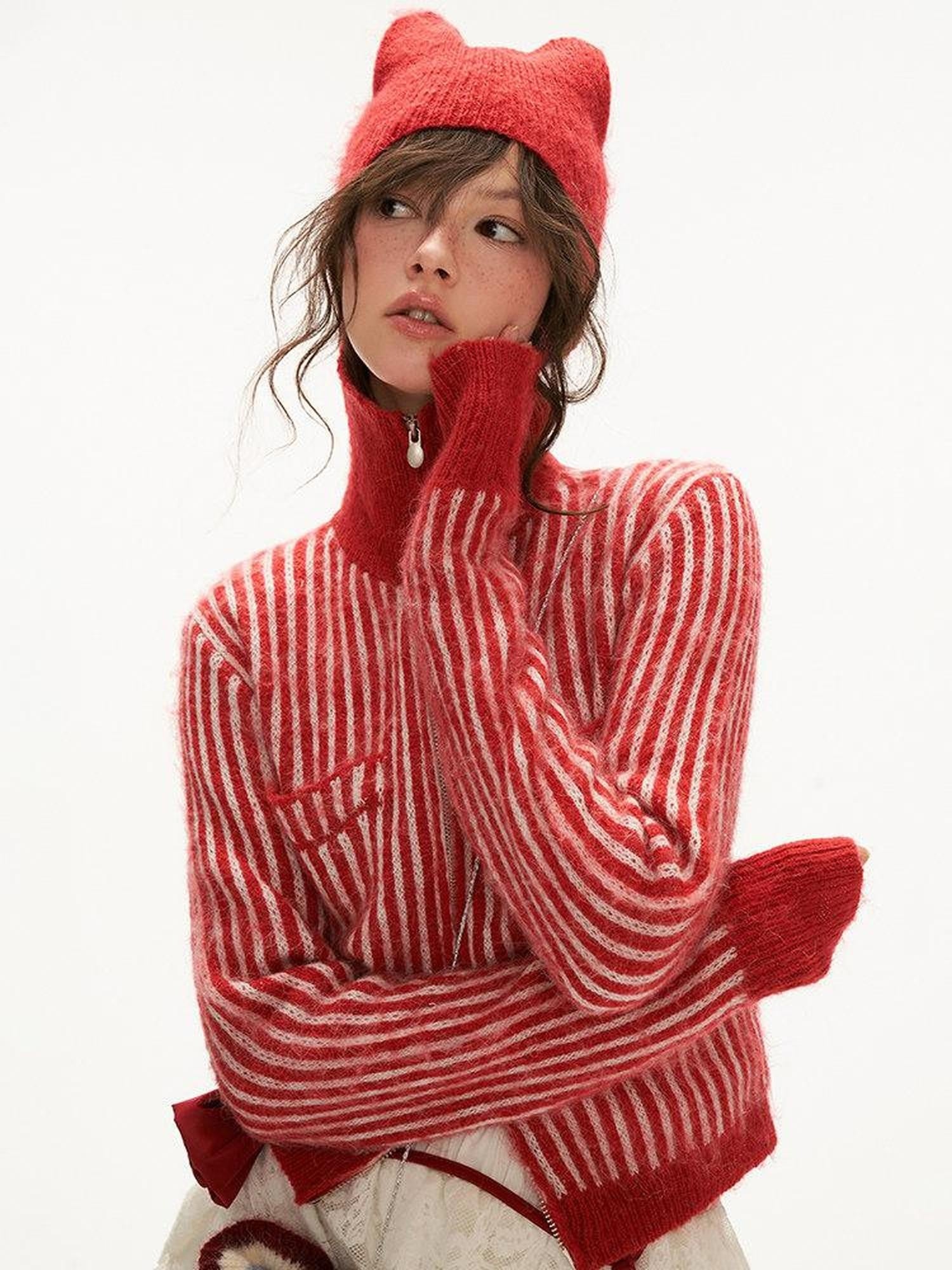 MAMC Cute Princess Hooded Double Zipper Striped Regular Women Acrylic Blend Cardigans