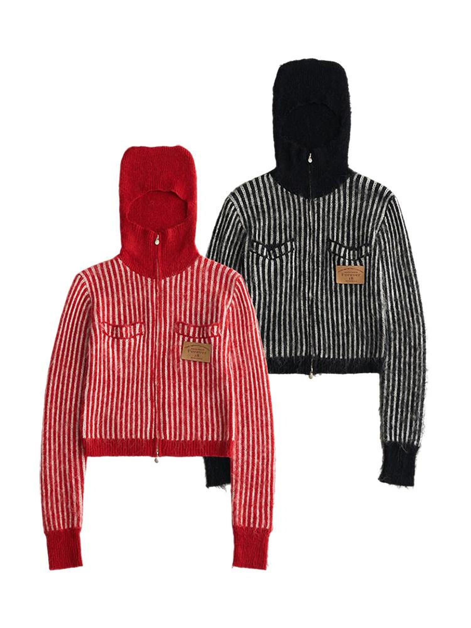 MAMC Cute Princess Hooded Double Zipper Striped Regular Women Acrylic Blend Cardigans
