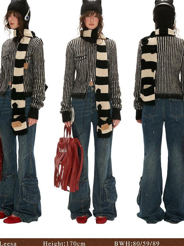 MAMC Cute Princess Hooded Double Zipper Striped Regular Women Acrylic Blend Cardigans