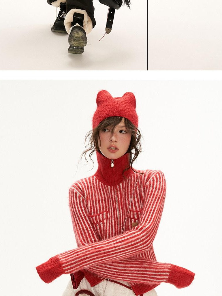 MAMC Cute Princess Hooded Double Zipper Striped Regular Women Acrylic Blend Cardigans