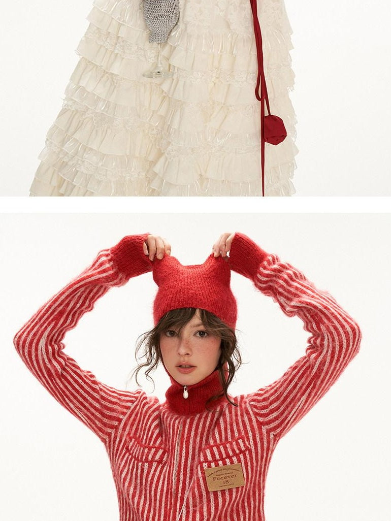 MAMC Cute Princess Hooded Double Zipper Striped Regular Women Acrylic Blend Cardigans