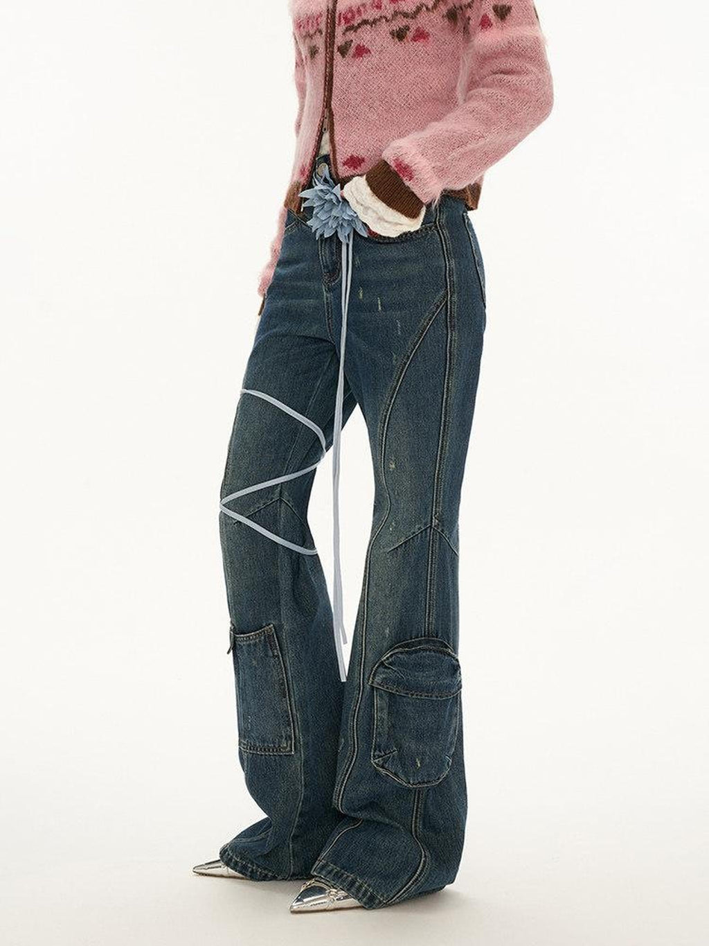 MAMC Distressed 100% Cotton Mid Rise Subtle Flare Office Commuter Denim Blue Jeans