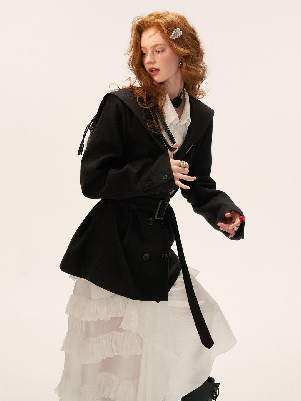 MAMC Double Breasted Buttons Minimal Straight Fit Black Polyester Cropped Jackets