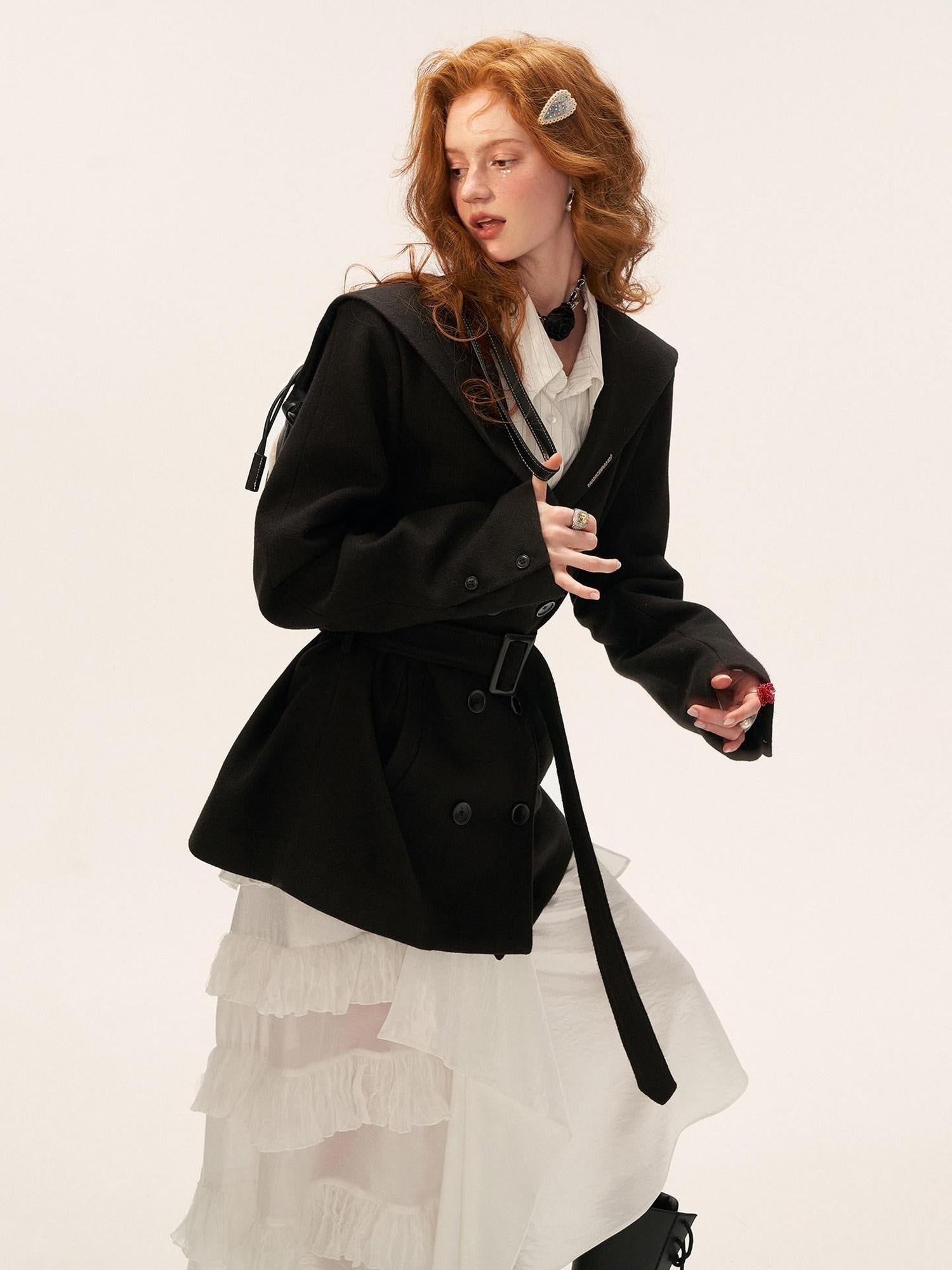 MAMC Double Breasted Buttons Minimal Straight Fit Black Polyester Cropped Jackets