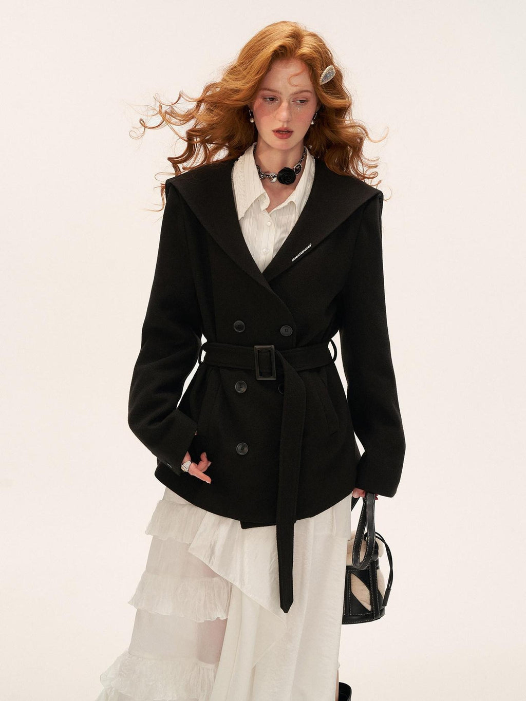 MAMC Double Breasted Buttons Minimal Straight Fit Black Polyester Cropped Jackets