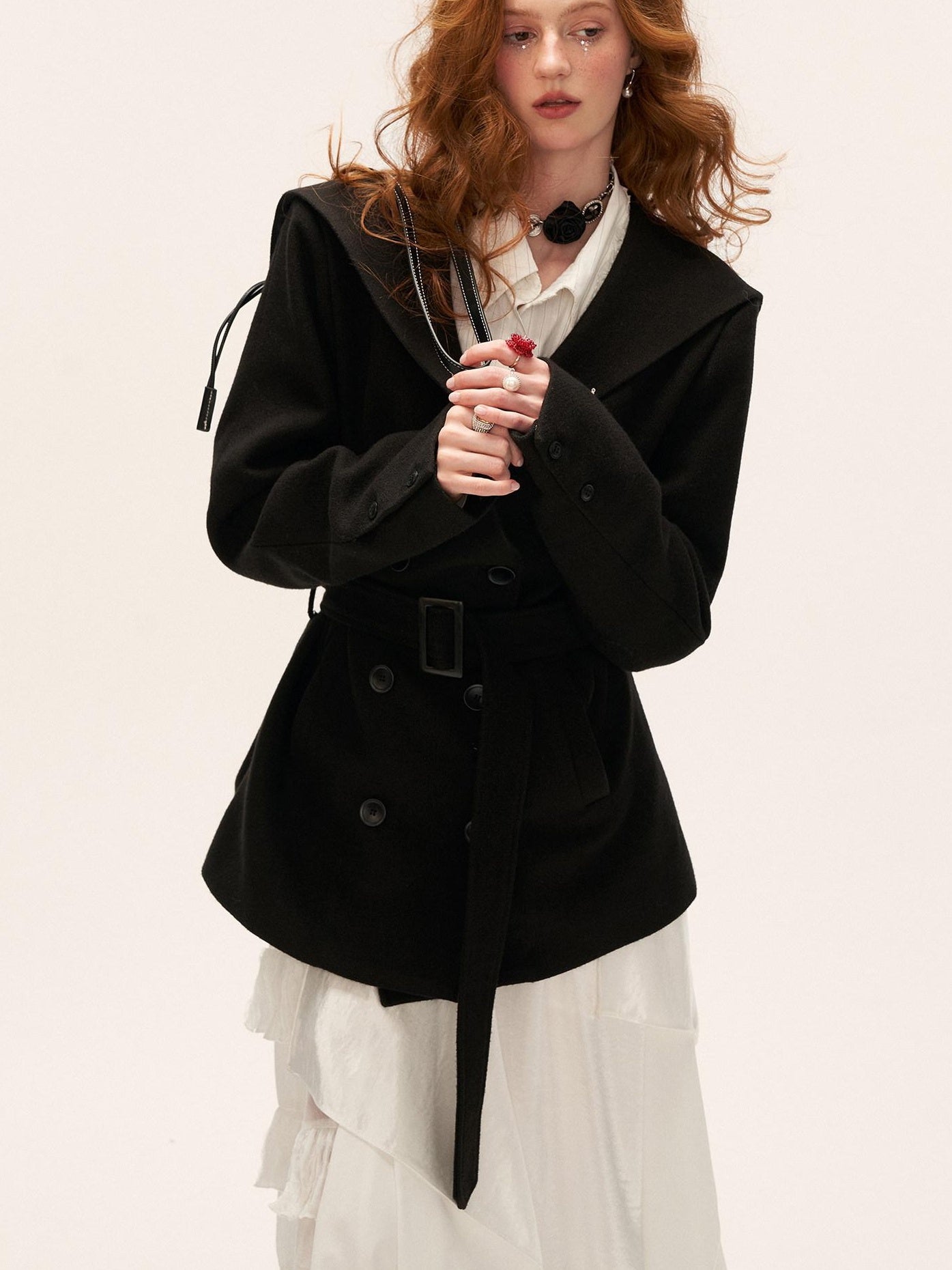 MAMC Double Breasted Buttons Minimal Straight Fit Black Polyester Cropped Jackets