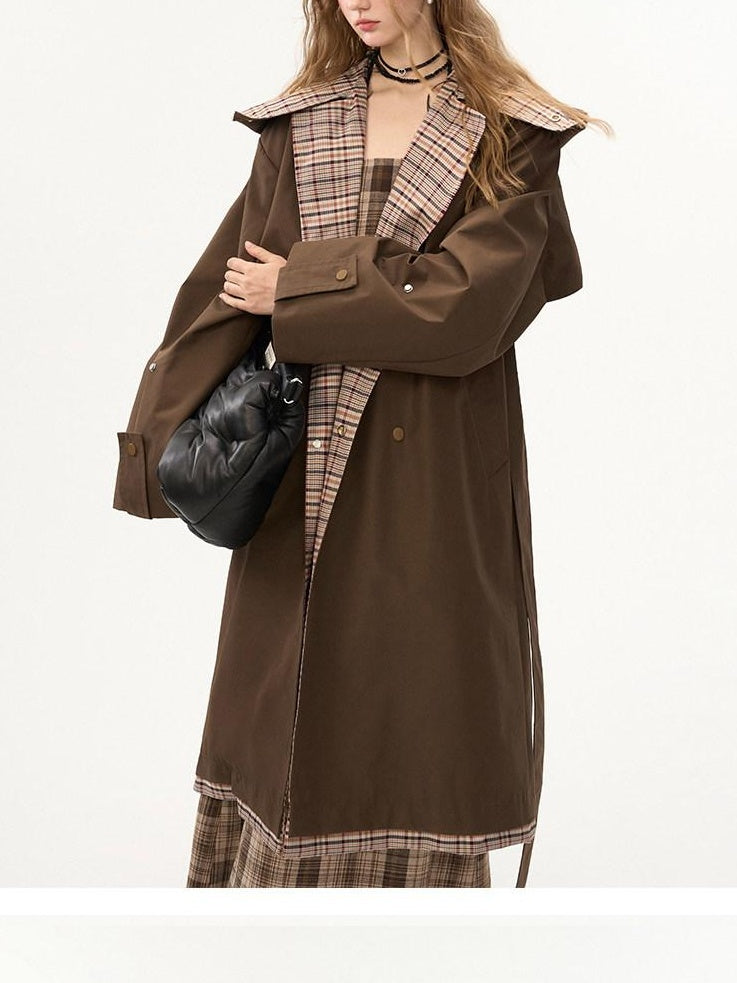 MAMC Double Breasted Minimal Commuter Loose Fit Office Brown Polyester Long Coats