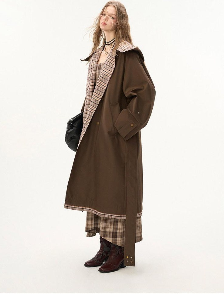 MAMC Double Breasted Minimal Commuter Loose Fit Office Brown Polyester Long Coats