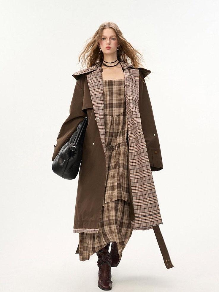 MAMC Double Breasted Minimal Commuter Loose Fit Office Brown Polyester Long Coats