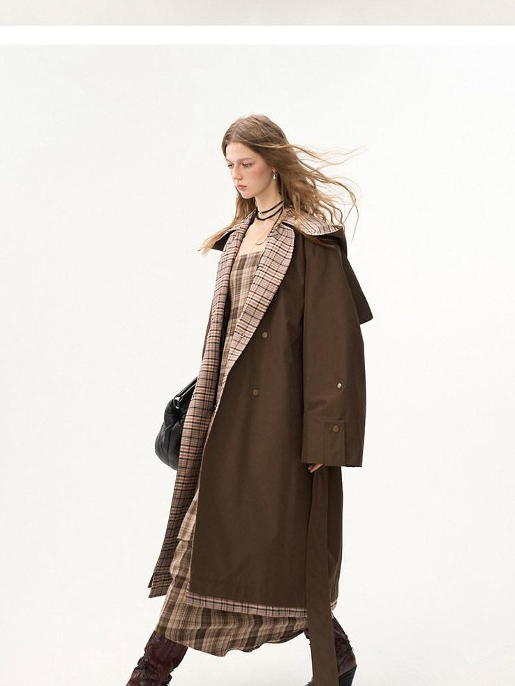 MAMC Double Breasted Minimal Commuter Loose Fit Office Brown Polyester Long Coats