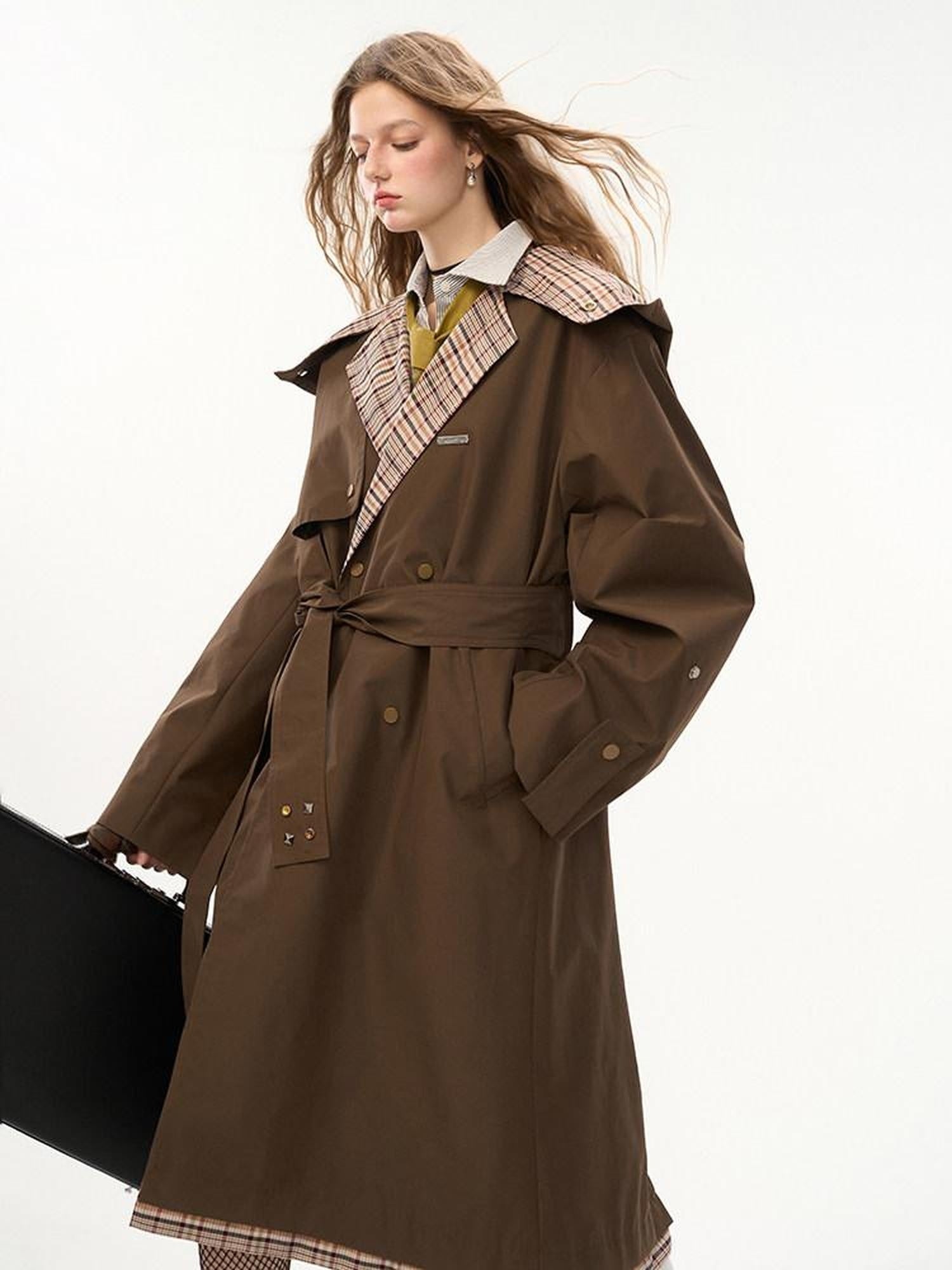 MAMC Double Breasted Minimal Commuter Loose Fit Office Brown Polyester Long Coats