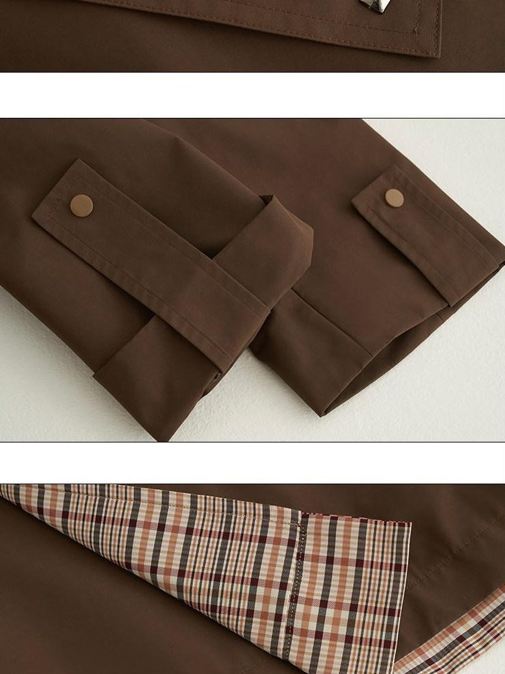 MAMC Double Breasted Minimal Commuter Loose Fit Office Brown Polyester Long Coats
