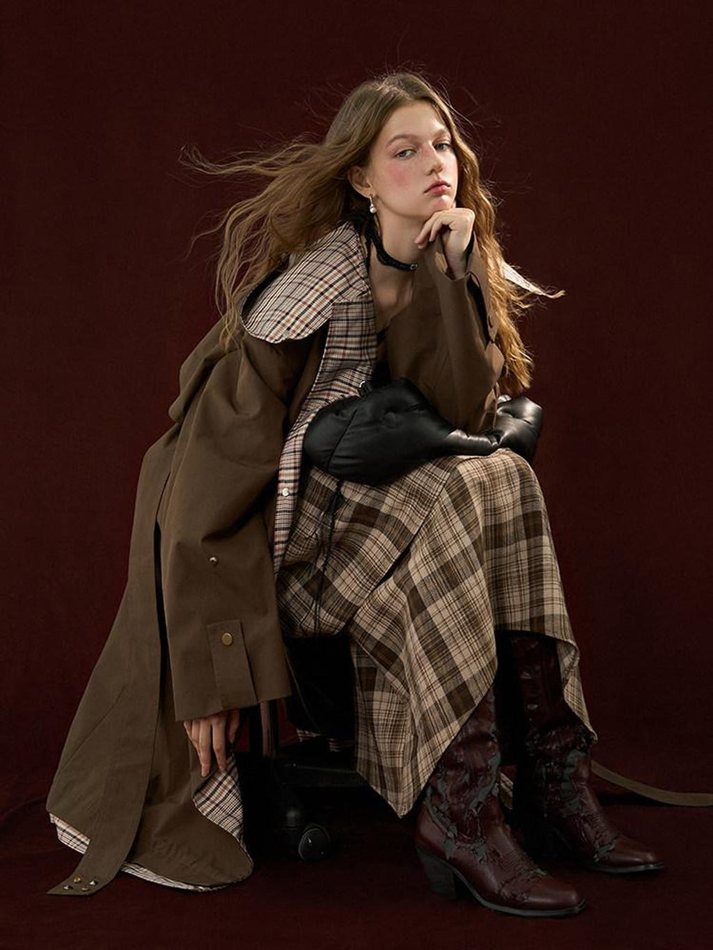 MAMC Double Breasted Minimal Commuter Loose Fit Office Brown Polyester Long Coats