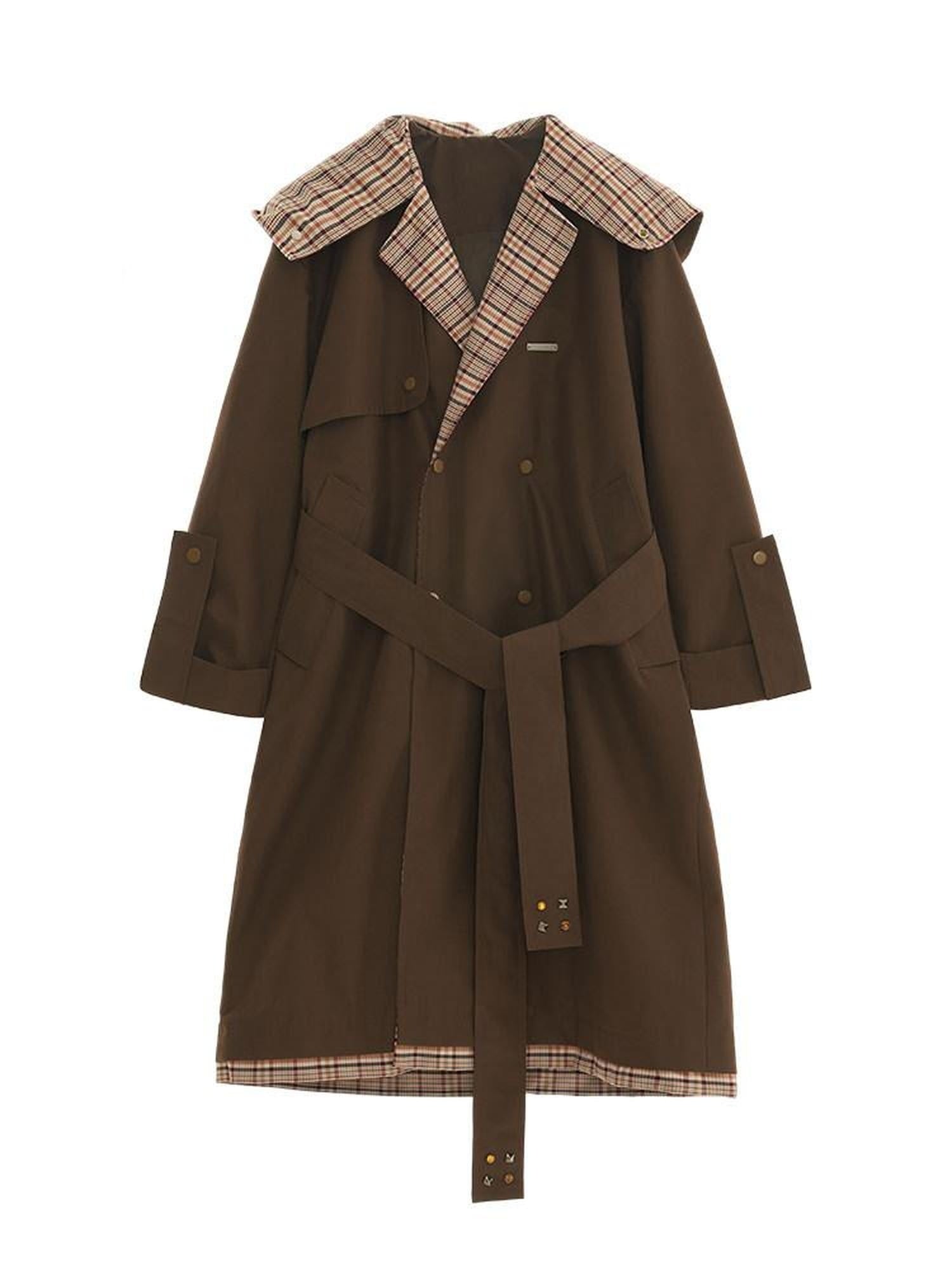 MAMC Double Breasted Minimal Commuter Loose Fit Office Brown Polyester Long Coats
