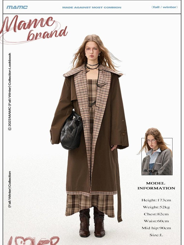 MAMC Double Breasted Minimal Commuter Loose Fit Office Brown Polyester Long Coats