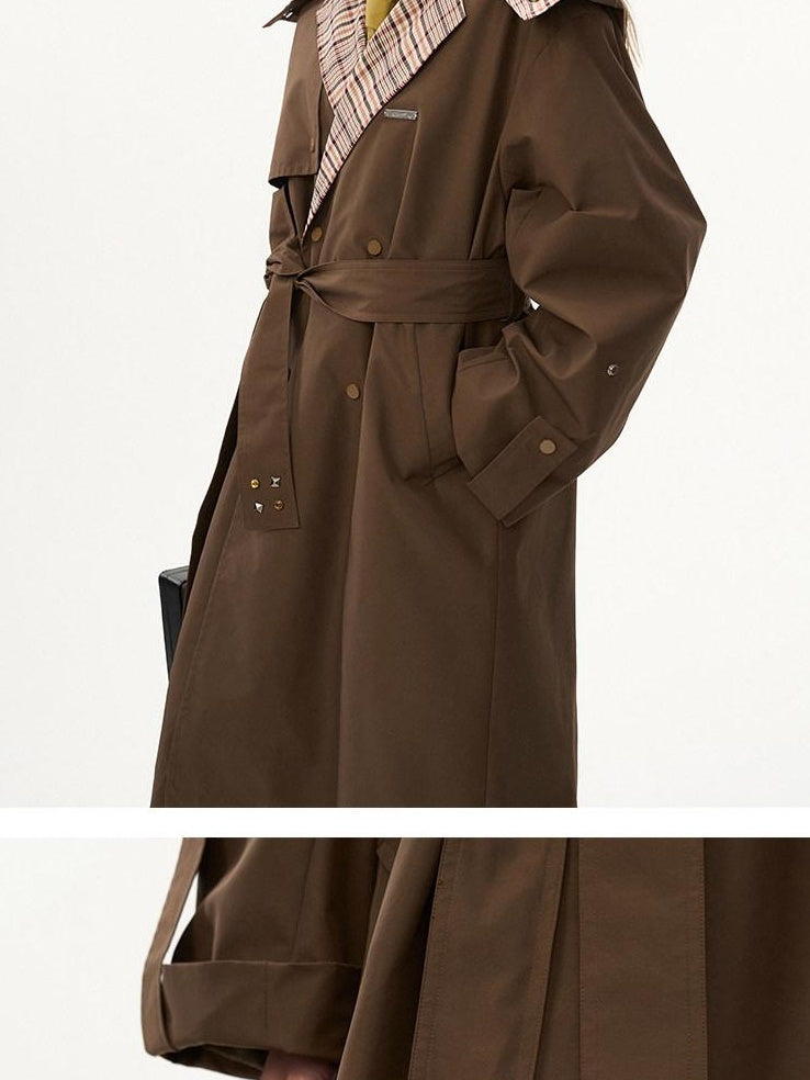 MAMC Double Breasted Minimal Commuter Loose Fit Office Brown Polyester Long Coats