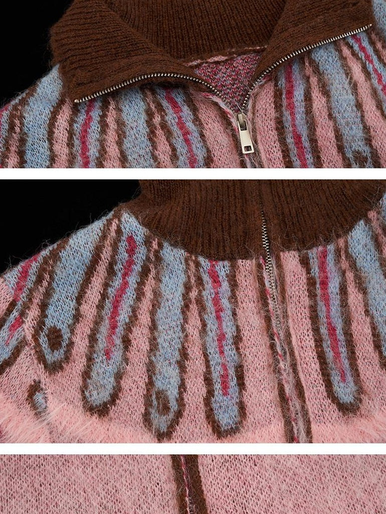 MAMC Double Zipper Hooded Wool Blend Colorblock Commuter Knitwear Pink Cardigans