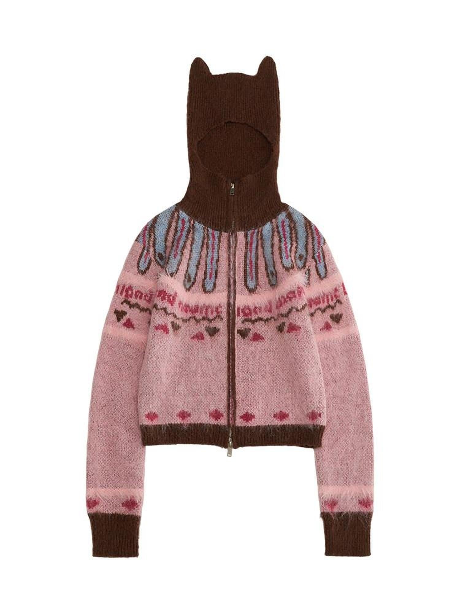 MAMC Double Zipper Hooded Wool Blend Colorblock Commuter Knitwear Pink Cardigans