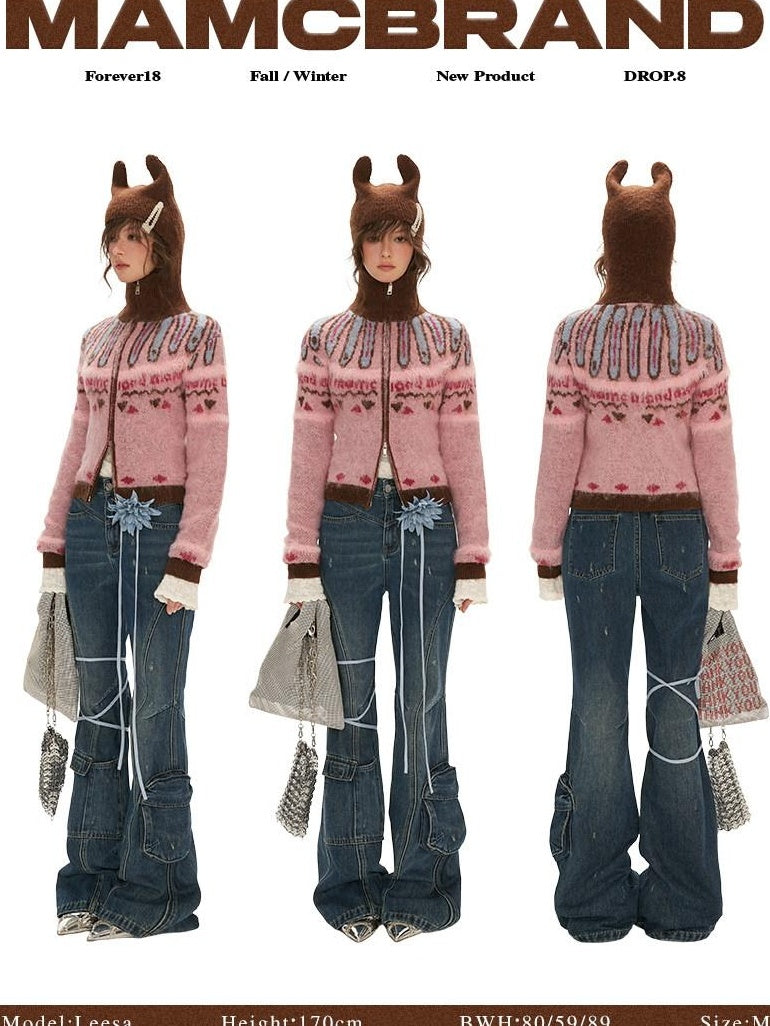 MAMC Double Zipper Hooded Wool Blend Colorblock Commuter Knitwear Pink Cardigans