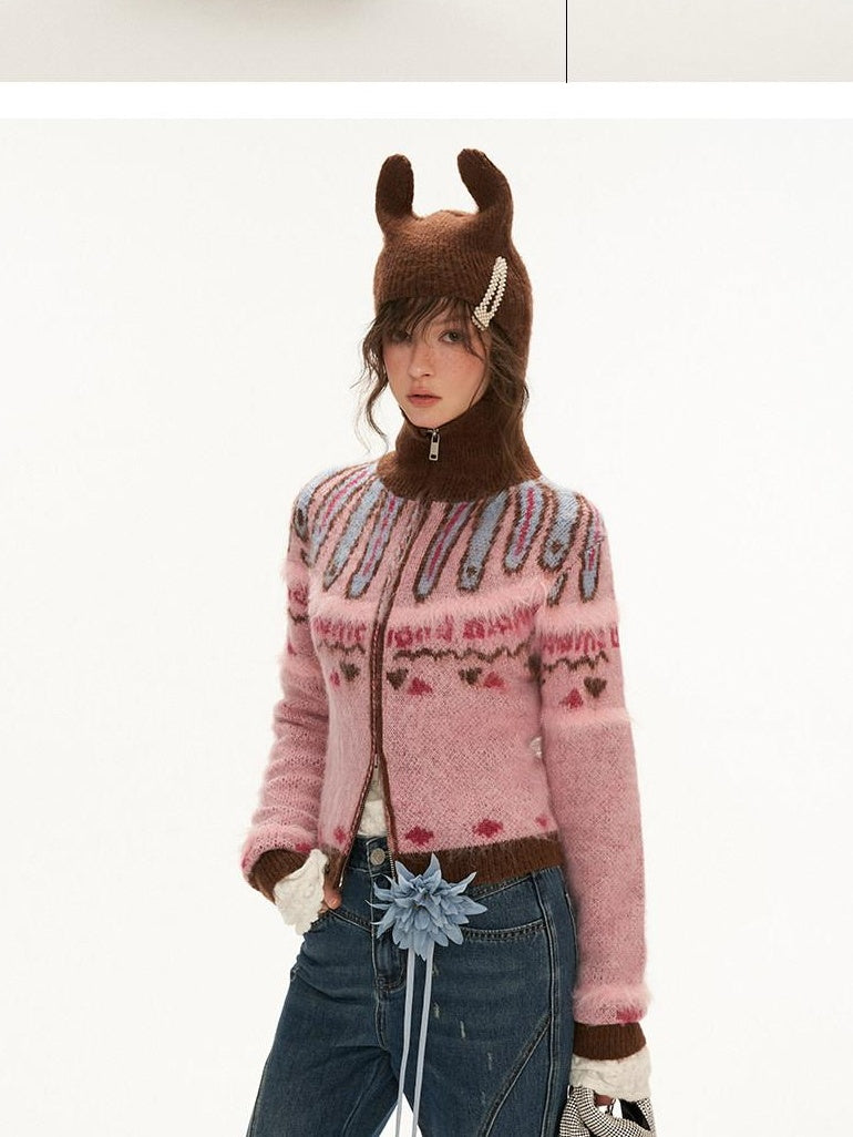 MAMC Double Zipper Hooded Wool Blend Colorblock Commuter Knitwear Pink Cardigans