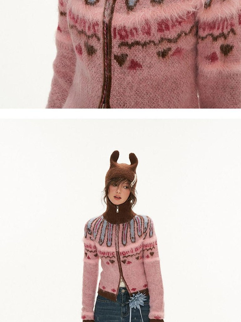 MAMC Double Zipper Hooded Wool Blend Colorblock Commuter Knitwear Pink Cardigans