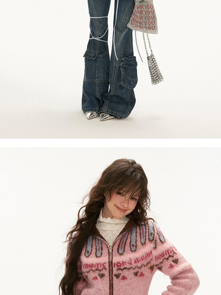 MAMC Double Zipper Hooded Wool Blend Colorblock Commuter Knitwear Pink Cardigans
