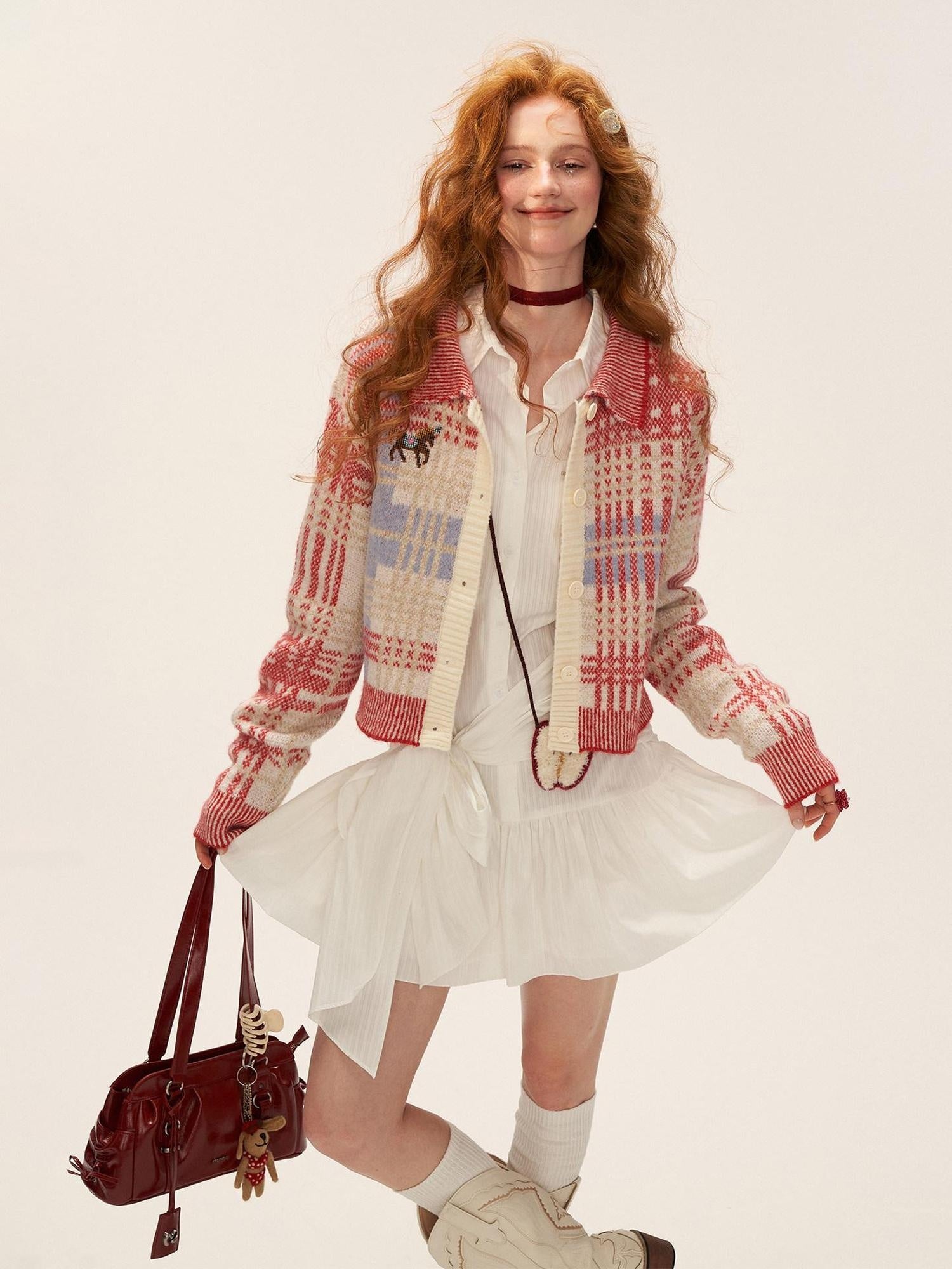 MAMC Eco Plaid Lapel Sweet Fit Women Office Long Sleeve Button Knit Red Cardigans