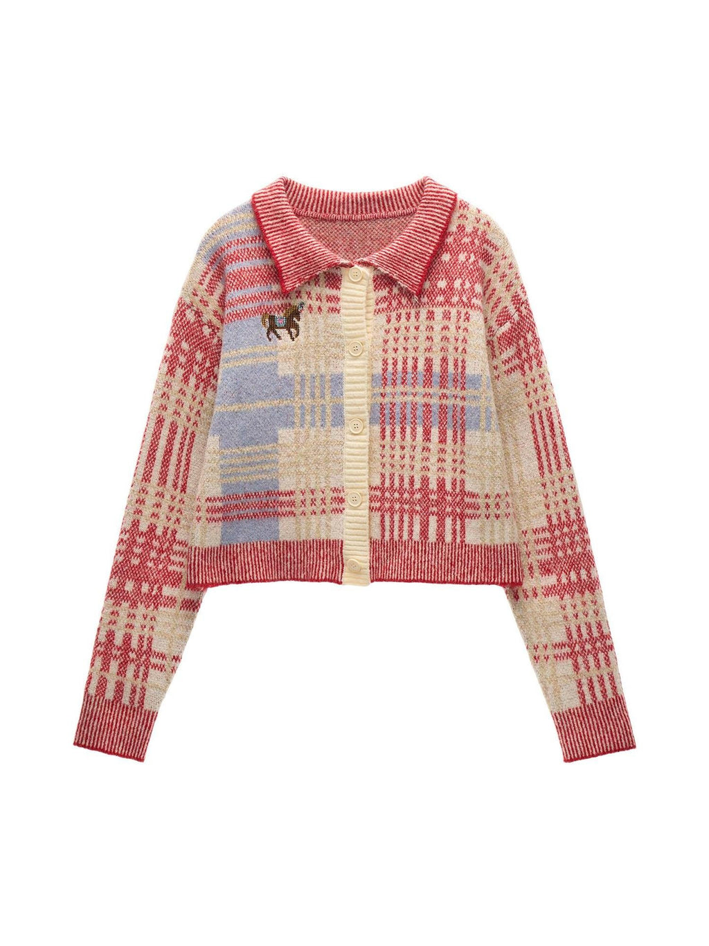 MAMC Eco Plaid Lapel Sweet Fit Women Office Long Sleeve Button Knit Red Cardigans