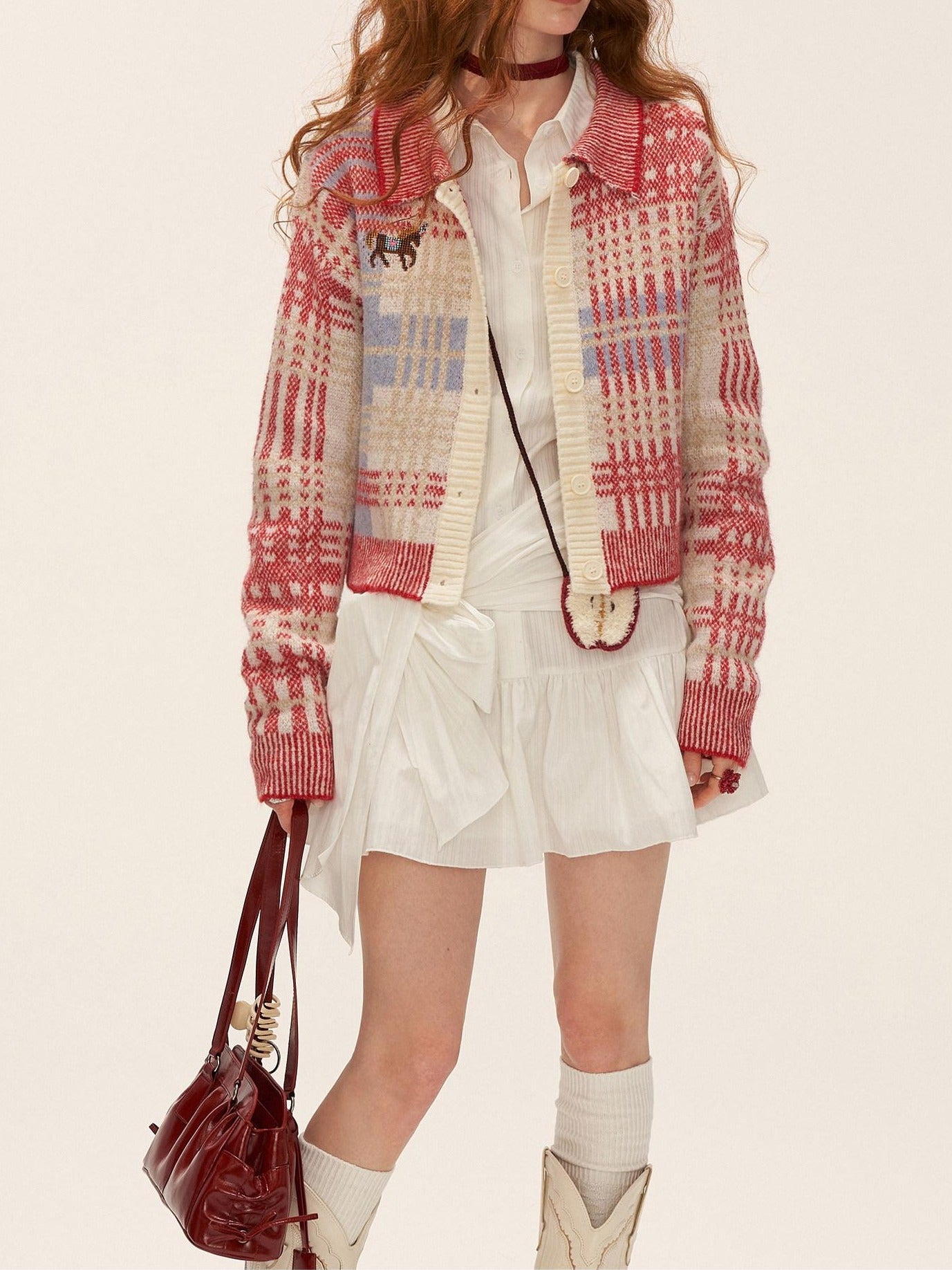 MAMC Eco Plaid Lapel Sweet Fit Women Office Long Sleeve Button Knit Red Cardigans