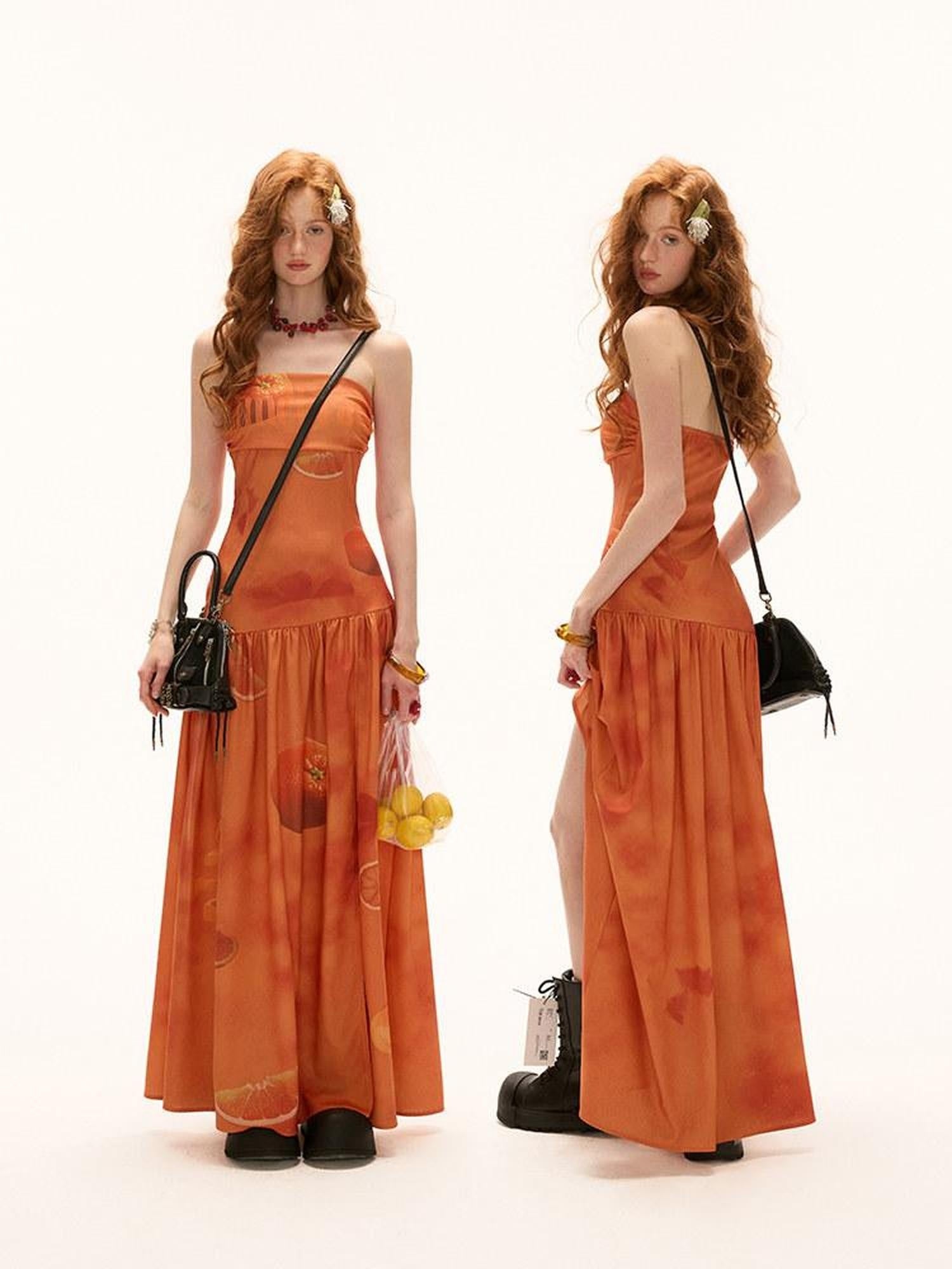 MAMC Elegant Aline Sleeveless Orange Natural Waist Travel Polyester Maxi Dresses