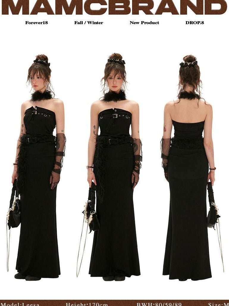 MAMC Elegant Off Shoulder Slim Waist Sleeveless Black Bodycon Maxi Dresses