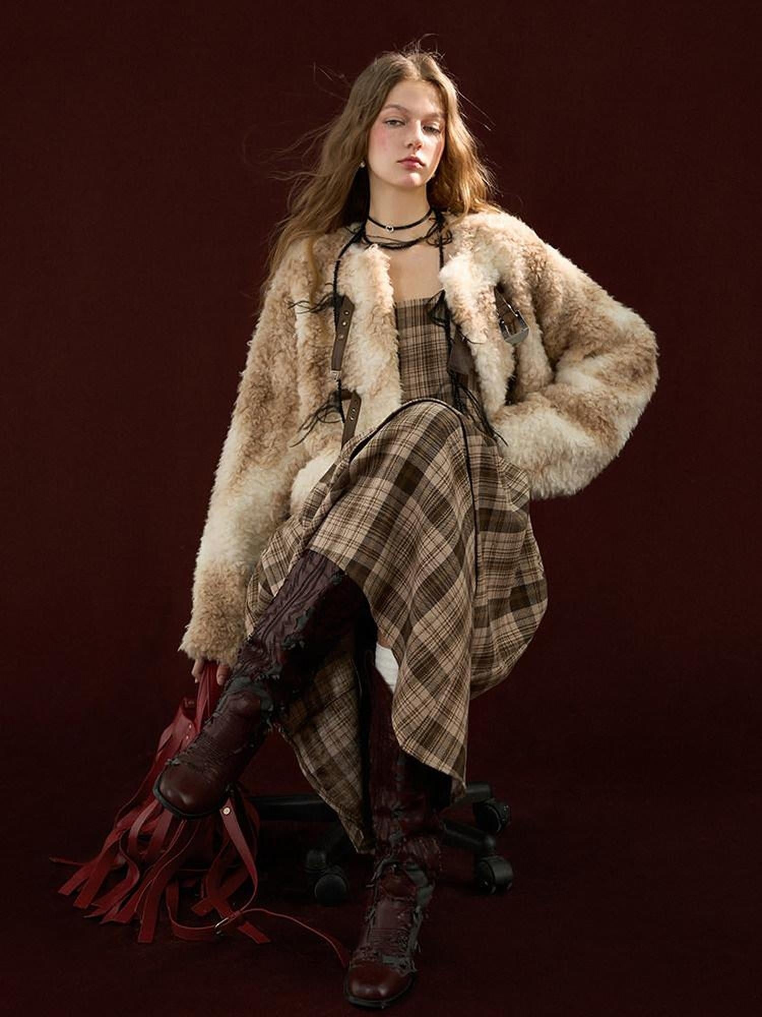 MAMC Ethereal Asymmetric Cinched Waist Strappy Plaid Dress Young Women Maxi Dresses