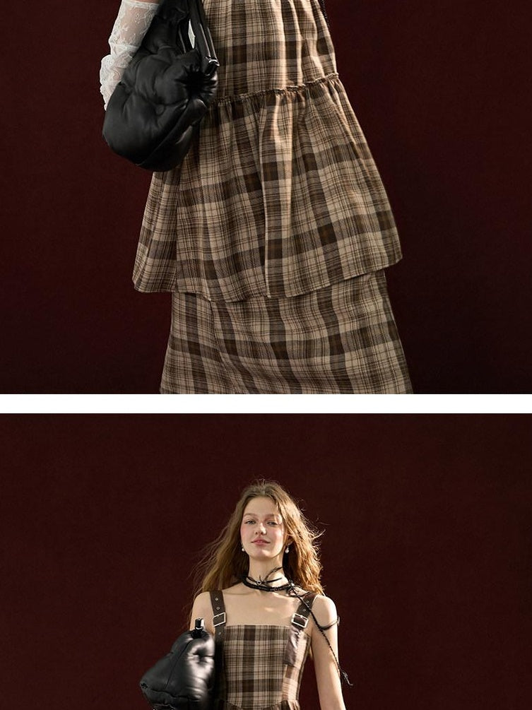 MAMC Ethereal Asymmetric Cinched Waist Strappy Plaid Dress Young Women Maxi Dresses