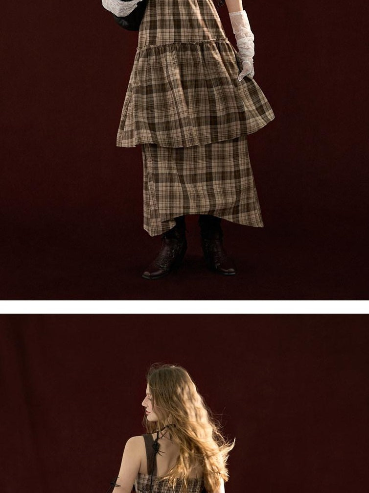 MAMC Ethereal Asymmetric Cinched Waist Strappy Plaid Dress Young Women Maxi Dresses