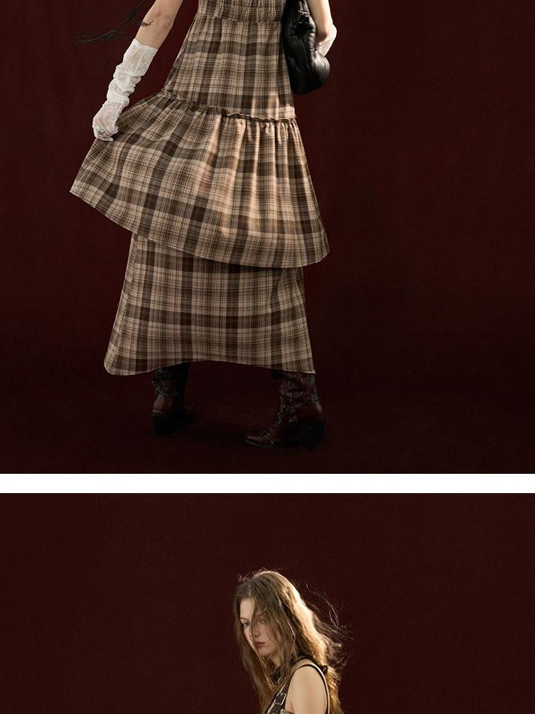 MAMC Ethereal Asymmetric Cinched Waist Strappy Plaid Dress Young Women Maxi Dresses