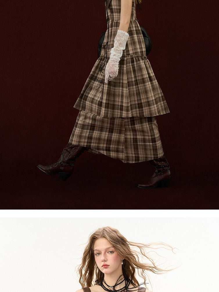 MAMC Ethereal Asymmetric Cinched Waist Strappy Plaid Dress Young Women Maxi Dresses