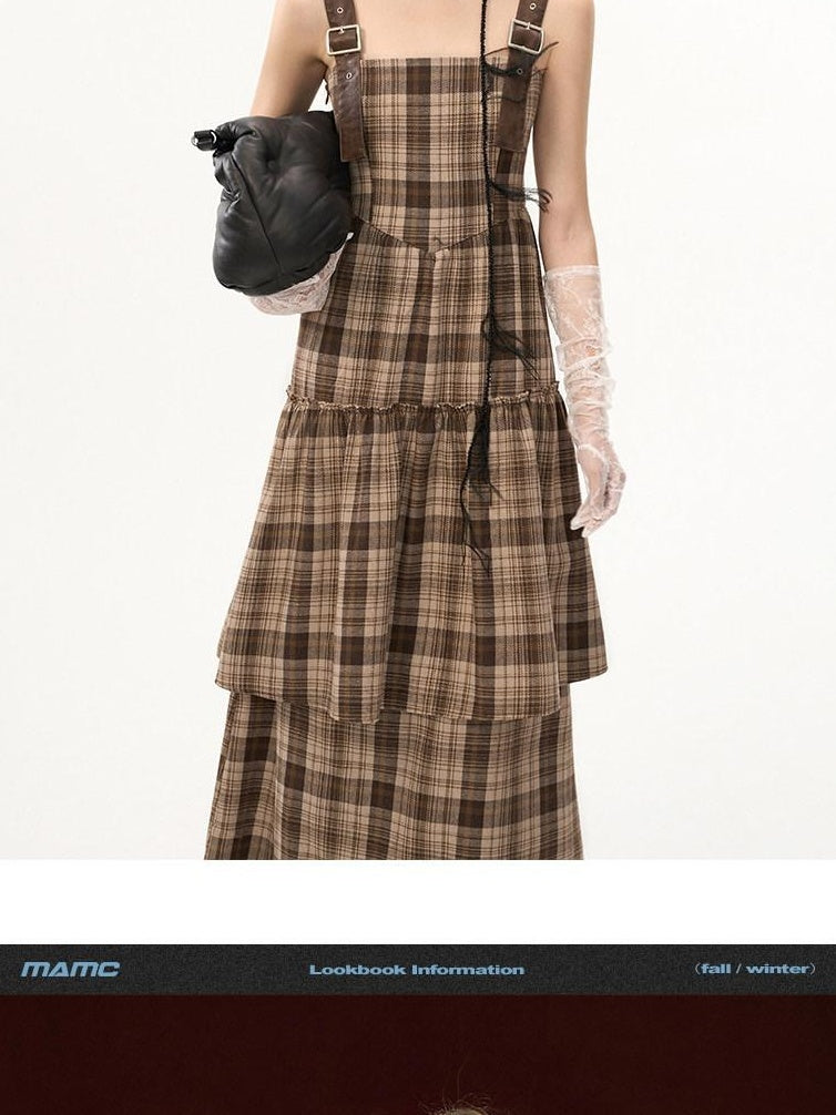 MAMC Ethereal Asymmetric Cinched Waist Strappy Plaid Dress Young Women Maxi Dresses